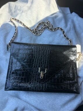 Black Croc-Embossed Chain Shoulder Bag
